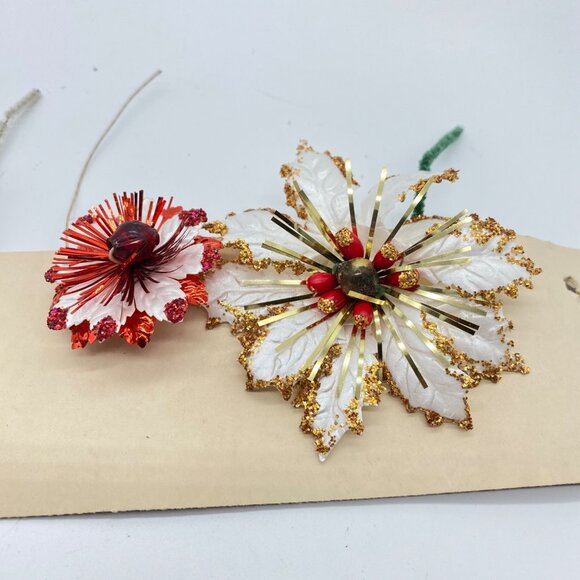 Vintage Christmas Decorative Picks Gold Birds Glittered Flowers Japan Set Of 5 - Picture 3 of 11